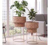 Lot De 2 Pots De Fleurs Hwc-Q45, Jardinière, Bac À Fleurs, Pot De Fleurs, Métal, Jonc D'eau Naturel, Support Beige