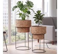 Lot de 2 pots de fleurs HWC-Q45, jardinière, bac à fleurs, pot de fleurs, métal, jonc d'eau ~ naturel, support noir