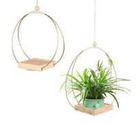 Lot de 2 pots suspendus, pour l'intérieur et l'extérieur, pot de fleurs suspendu, pot mural en métal avec socle en bois, support pour plantes suspendues, palette en bois de 12,7 cm, avec crochet (doré
