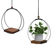 Lot de 2 pots suspendus, pour l'intérieur et l'extérieur, pot de fleurs suspendu, pot mural en métal avec socle en bois, support pour plantes suspendues, palette en bois de 12,7 cm, avec crochet