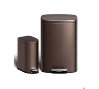 Lot de 2 poubelles à pédale - 50L cuisine + 10L salle de bain, métal anti-rouille, soft-close,seau intérieur amovible,marron