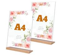 Lot de 2 Presentoir A4, Présentoir de Table Acrylique Porte Affiche A4 avec Base en Bois pour Brochures Menus Publicités Affiches (Transparent, 21 x 29,7cm)