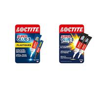 Lot de 2 produits Loctite - Super Glue-3 Spécial plastiques, colle forte, 4 ml & Super Glue-3 Power Gel, colle enrichie en caoutchouc, gel ultra-résistante, à séchage immédiat, lot de 2 tubes 3 g