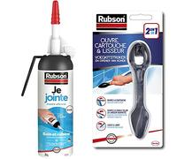 Lot de 2 produits Rubson - Je Jointe Mastic Blanc 100 ml, mastic étanche anti-moisissure en aérosol prêt à l'emploi, mastic silicone durable pour joints sanitaires spécial Bain & Ouvre cartouche et lisseur