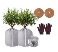 Lot de 2 protections thermiques de 45 x 50 cm avec 2 tapis en coco de 30 cm de diamètre et gants de jardin, protection d'hiver pour pot de fleurs, protection contre le gel pour plantes, avec fermeture
