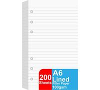 Lot de 2 recharges de papier ligné A6, 200 feuilles/400 pages de papier à feuilles volantes pour dossiers personnels Filofax, 6 trous perforés, pages blanches lignées 100 g/m², 9,5 x 17,1 cm