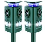 Lot de 2 répulsifs à ultrasons solaires rechargeables à 360 ° avec détecteur de mouvement et lumière clignotante pour chiens, chats, oiseaux, mouffettes, lapins, écureuils, cour, jardin, extérieur