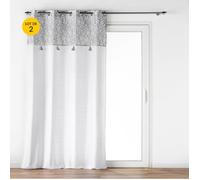 Lot de 2 rideaux à œillets 140x240 cm Flavie Gris - poly-coton, imprimé fleuri et pompons