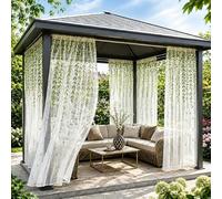 Lot de 2 Rideaux Extérieurs Brodés en Mousseline, Voilage Anti-Moustiques Haute Densité, Finition Manchon, Design Feuillage Élégant pour Patio, Pergola, Gazebo, Terrasse(140LX225H cm)