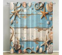 Lot de 2 Rideaux Occultants à Œillets 110x215 cm Coquille D'Étoile de Mer | Rideau Occultant Thermique Isolant, Imprimé Planche de Bois de Style Océan, Polyester Haute Densité, pour Chambre et Salon
