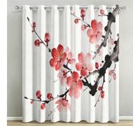 Lot de 2 Rideaux Occultants à Oeillets Imprimés 3D Fleur de Prunier Rouge, Rideau Occultant Thermique Isolant Opaque 91,5x214 cm, Rideau Peinture à L'encre de Chine Salon Chambre Fenêtre C/973