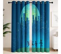 Lot de 2 Rideaux Occultants Éco Tech Fantaisie Cyberpunk Illustration | Finition à Oeillets - Isolation Thermique et Phonique - Style Futuriste Ville Lune Enfant Robot pour garçons et filles