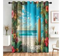 Lot de 2 Rideaux Occultants Plage Feuille Planche de Surf - Rideau Tropical Isolant Thermique à Oeillets 75 X 166 cm (L x H) - Design pour Chambre à Coucher et Salon Fenêtre