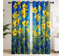 Lot de 2 Rideaux Occultants Rétro Frais Illustration Graphique Prairie | Finition à Oeillets - Isolation Thermique et Phonique - Style Fleurs Jaunes Bleues Dessiné Main Anime pour garçons et Filles