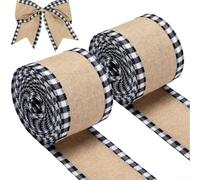 Lot de 2 rouleaux de ruban en toile de jute à bords métalliques avec motif écossais pour couronnes de vacances, nœuds et travaux manuels (Noir)