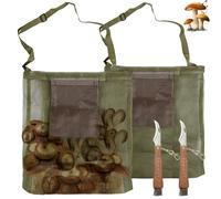 Lot de 2 sacs de collecte de champignons avec couteau à champignons, couteau à champignons avec brosse et règle, sac de recherche de nourriture, sac de collecte de champignons pliable de grande