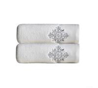 Lot de 2 serviettes de toilette avec broderie Damas sur 100 % coton pour un usage quotidien et une continuité visuelle dans l'espace de bain (blanc)