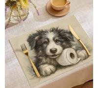 Lot de 2 Set de Table Animaux Compagnie Drôles Mignons Adorable Berger Sets de Table Lavables et Antidérapants en Coton Lin, Décoration pour Table Cuisine Salle à Manger, 30 x 45 cm