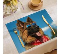 Lot de 2 Set de Table Animaux Mignons 3D Lunettes Soleil Berger Allemand Sets de Table Lavables et Antidérapants en Coton Lin, Décoration pour Table Cuisine Salle à Manger, 30 x 45 cm