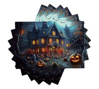 Lot De 2 Sets De Table - Maison Hantée Lanterne-Citrouille Cimetière,Thème d'halloween - 45 X 30 Cm - Sets De Table De Vacances - Lavables - Décoration pour Cuisine, Fête,Gris-Bleu