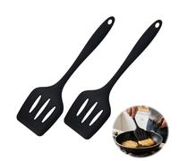 Lot de 2 Spatules de Cuisine en Silicone Noir, Spatule Ajourée Flexible pour Poêle Antiadhésive, Ustensile Résistant à la Chaleur pour Retourner Poisson, Œufs, Crêpes, Facile à Nettoyer