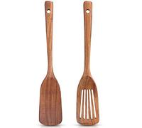Lot de 2 spatules en bois d'acacia antiadhésives - Spatule de cuisine en bois pour œuf, crêpe, poisson, spatule à flipper et spatule