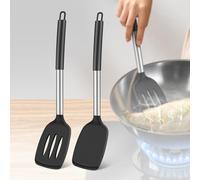 Lot de 2 spatules en silicone - Spatule solide et spatule ajourée avec têtes en silicone résistantes à la chaleur et noyau en acier inoxydable, ustensiles de cuisine anti-rayures pour la cuisine, la