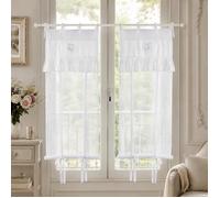Lot de 2 Stores Style Campagne Chic, Dentelle et Broderie, Voilage pour Cuisine et Fenêtre_Valentine blanc