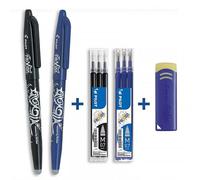 Lot De 2 Stylos Frixion Ball Pointe Moyenne 0.7mm Noir Bleu Pilot + 2 Étuis De 3 Recharges + Gomme