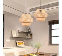 Lot de 2 Suspension Luminaire en Bambou Naturel, TOKIUS Lustre E27 en rotin fait à la main Design Lanterne Tressée Rétractable