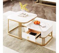 Lot De 2 Table Basse Gigogne Avec Plateau De Effet Marbre, Brillante, Tiroirs, Pieds En Métal, Blanc