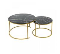 Lot de 2 Table Basse Ronde VIVOLILV - Tables Gigognes surface en Marbre Noir - Base en Métal,70x70x45cm et 50x50x38cm