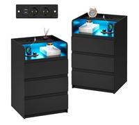 Lot de 2 Table de Chevet 40×35×68cm, 3 Tiroirs, 2 USB Ports et 2 Prises, LED Réglable, Moderne, Scandinave, Noir