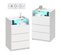 Lot de 2 Table de Chevet 40×35×68cm, 3 Tiroirs, 2 USB Ports et 2 Prises, LED Réglable, Moderne, Scandinave, Blanc