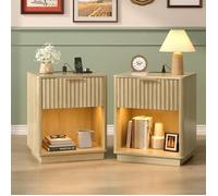 Lot de 2 Table de chevet avec avec Éclairage LED, station de charge, Tiroirs et Compartiments Ouverts, Chêne