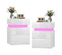 Lot de 2 Table de Chevet Brillante - PIPIPOXER - 3 Tiroirs - RGB LED Multicolore Réglable - Table de Chevet blanc - 40x35x56cm