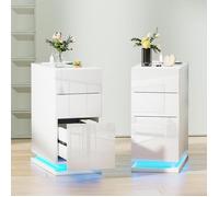 Lot de 2 Table de Chevet Étroite 3 Tiroirs VIVOLILV ,Table de nuit brillante avec rangement à l’arrière,LED,Prise USB