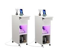 Lot de 2 Table de Chevet étroite avec Prise et Bande Lumineuse LED, Table d'appoint étroite avec roulettes, Table de Chevet avec 1 Compartiment Coulissant et 2 Compartiments de Rangement Blanc