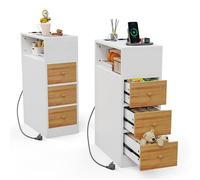 Lot de 2 Table de Chevet Étroite avec prise - VIVOLIL - 3 tiroirs 1 compartiment ouvert - Blanc - 70x45x25 cm - Pour Salon,