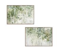 Lot de 2 Tableaux sur Toile avec Arbres et Partie peintes à la Main en Vert, Blanc et Gris 3,5 x 100 x 70 cm