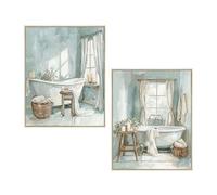 Lot de 2 tableaux sur toile avec baignoires et cadre en bois naturel en blanc, bleu et marron 40 x 50 x 1,9 cm