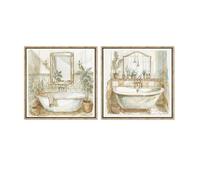 Lot de 2 Tableaux sur Toile avec baignoires et Partie peintes à la Main en Blanc, Vert et Marron 2 x 30 x 30 cm