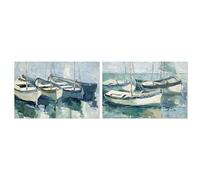 Lot de 2 Tableaux sur Toile avec Bateaux et Partie peintes à la Main en Blanc, Bleu et Gris 3 x 60 x 40 cm