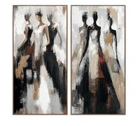 Lot de 2 Tableaux sur Toile avec Figurines et Partie peintes à la Main en Blanc, Noir et Beige 3,5 x 70 x 140 cm
