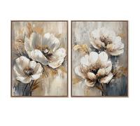 Lot de 2 Tableaux sur Toile avec Fleurs et Partie peintes à la Main en Blanc, Beige et Gris 3,5 x 60 x 90 cm