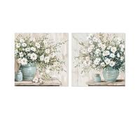Lot de 2 Tableaux sur Toile avec vases et Fleurs peintes à la Main en Blanc, Bleu et Vert 3 x 60 x 60 cm