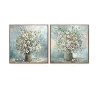 Lot de 2 Tableaux sur Toile avec vases et Fleurs peintes à la Main en Bleu, Blanc et Vert 3,5 x 60 x 60 cm