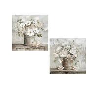 Lot de 2 Tableaux sur Toile Naturelle avec vases et Fleurs en Blanc, Vert et Gris 40 x 40 x 3 cm