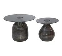 AltoBuy SALIM - Lot de 2 Tables Basse en Verre Fumé Noir Piètement en Manguier Vernis Gloss