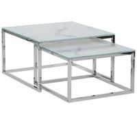 Lot de 2 Tables Basses 50x60 cm Effet Marbre Verre et Acier Blanc Argenté Brea